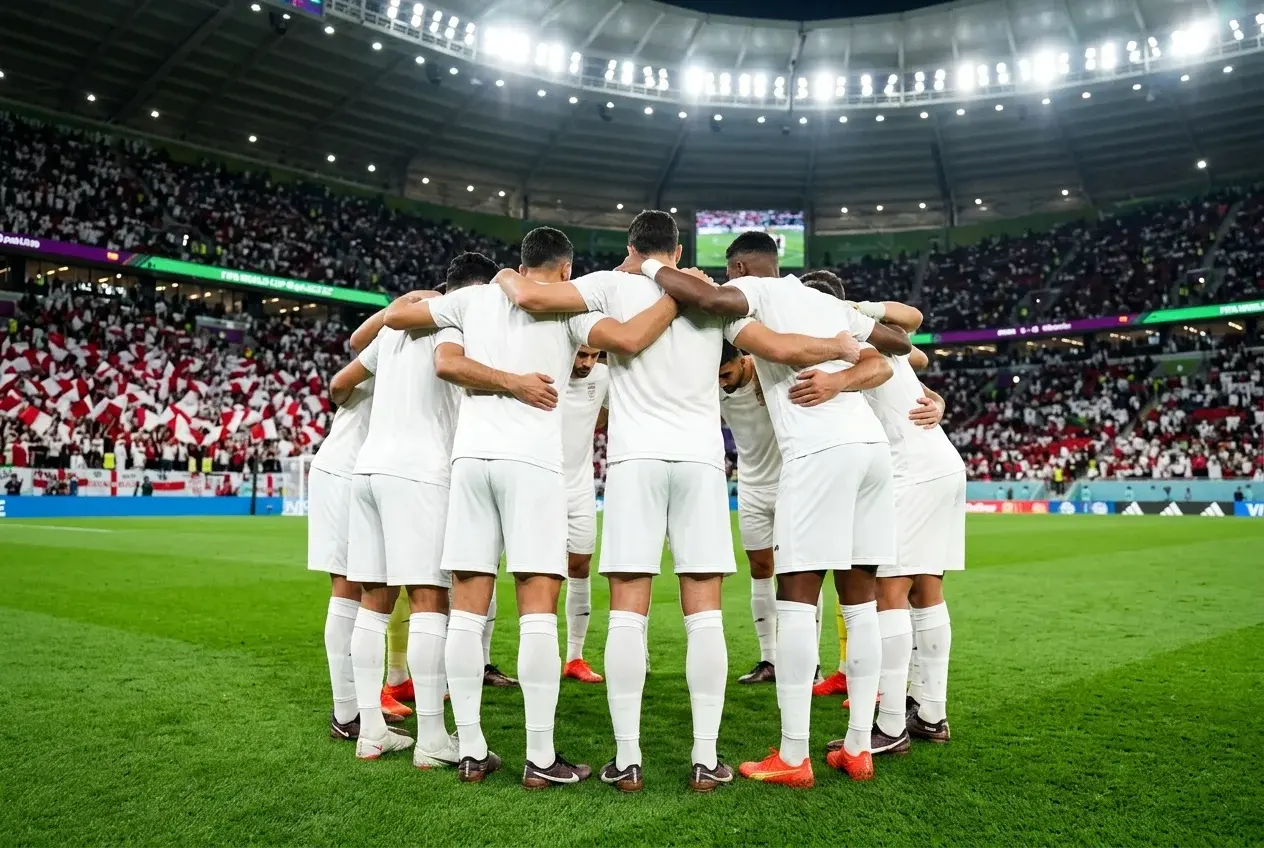 Angol focicsapat fehér mezben a zöld futballpályán a VB 2026 stadionjában