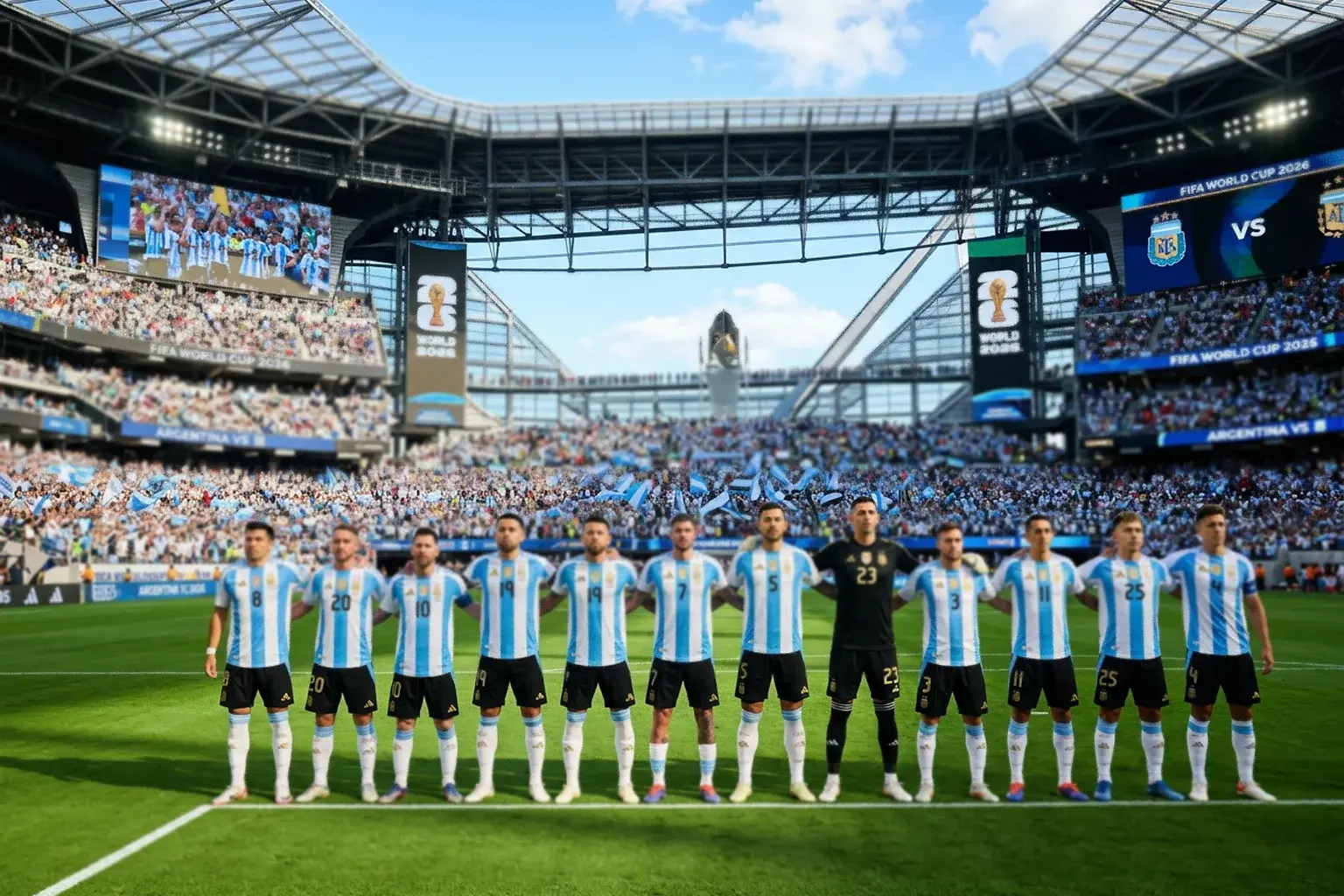 Argentin focicsapat kék-fehér mezben a zöld futballpályán a VB 2026 stadionjában