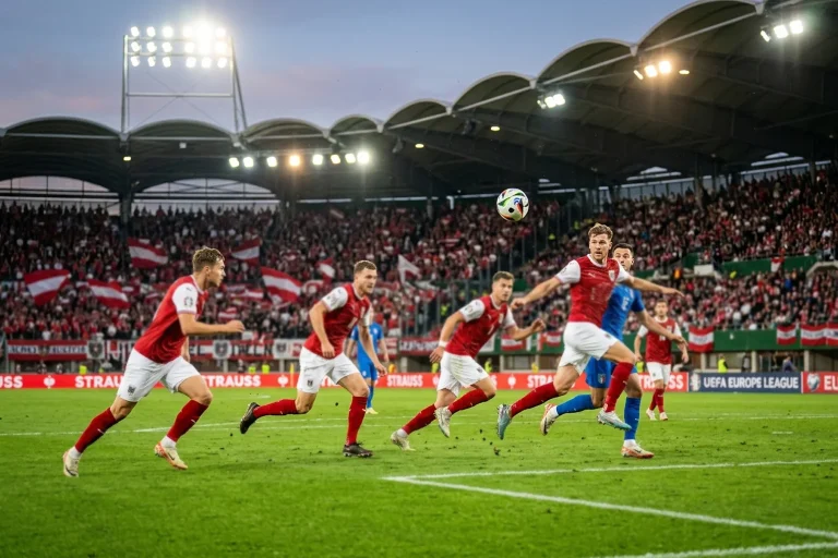Osztrák focicsapat piros-fehér mezben a zöld futballpályán a VB 2026 stadionjában