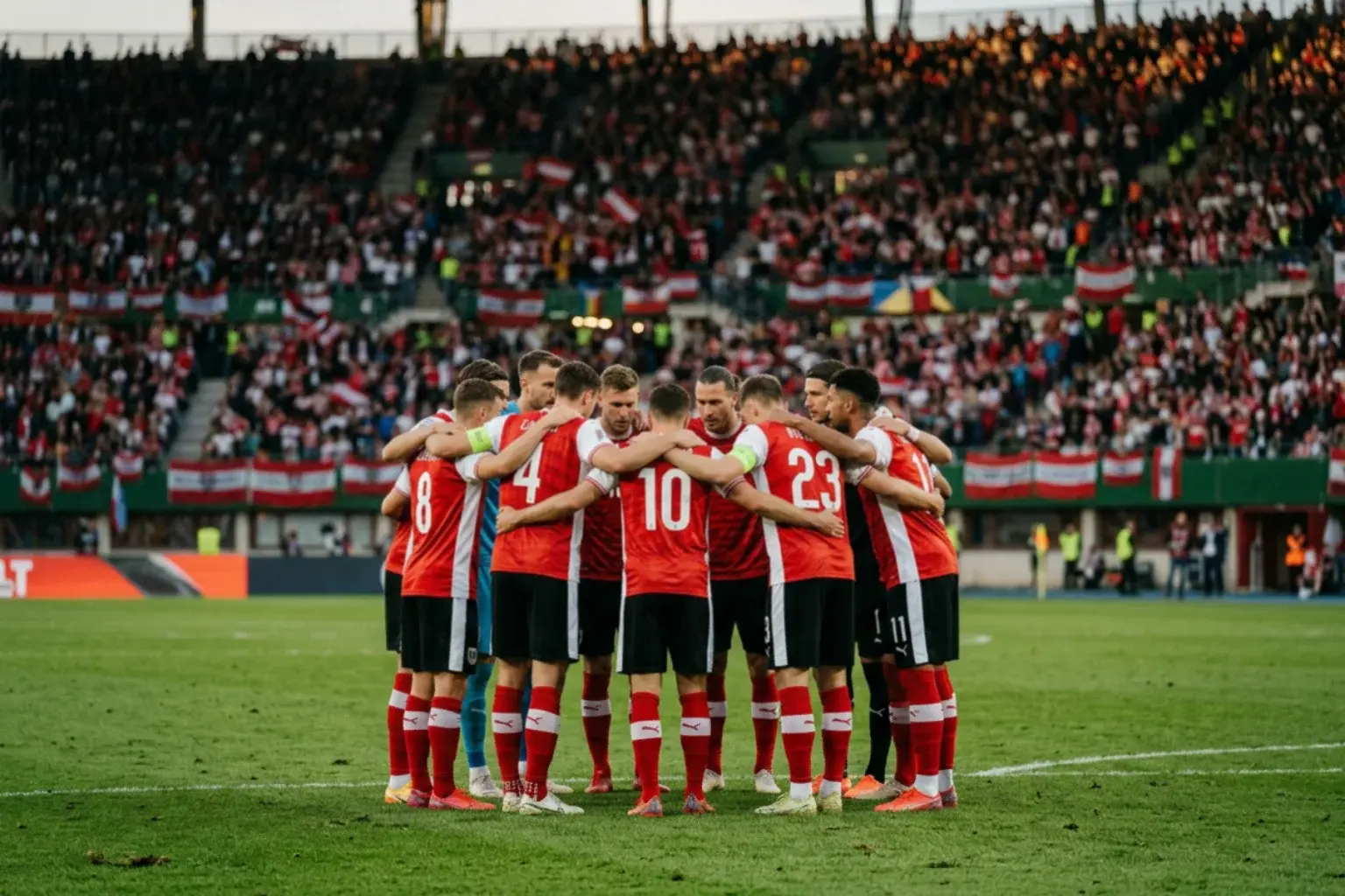 Az osztrák labdarúgó-válogatott piros-fehér mezben a pályán a világbajnokságon