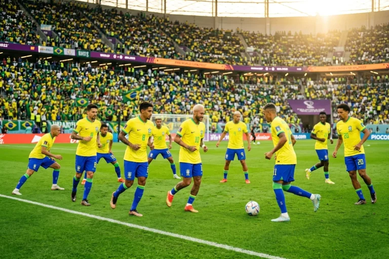 Brazil focicsapat sárga mezben labdával a zöld futballpályán a VB 2026 stadionjában