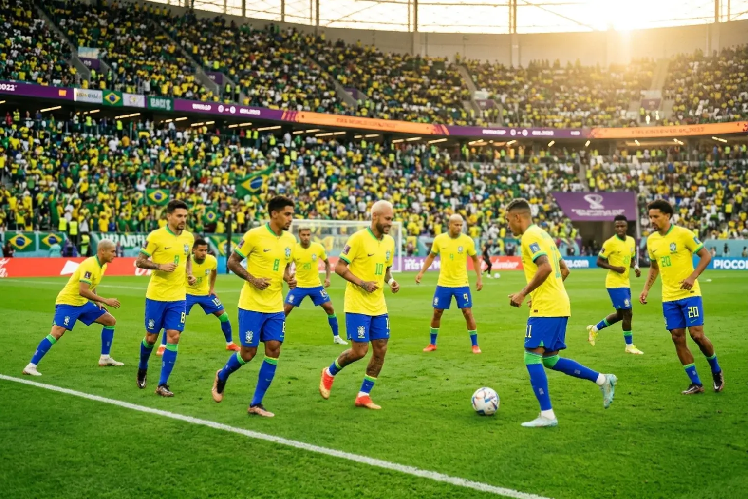 Brazil focicsapat sárga mezben labdával a zöld futballpályán a VB 2026 stadionjában