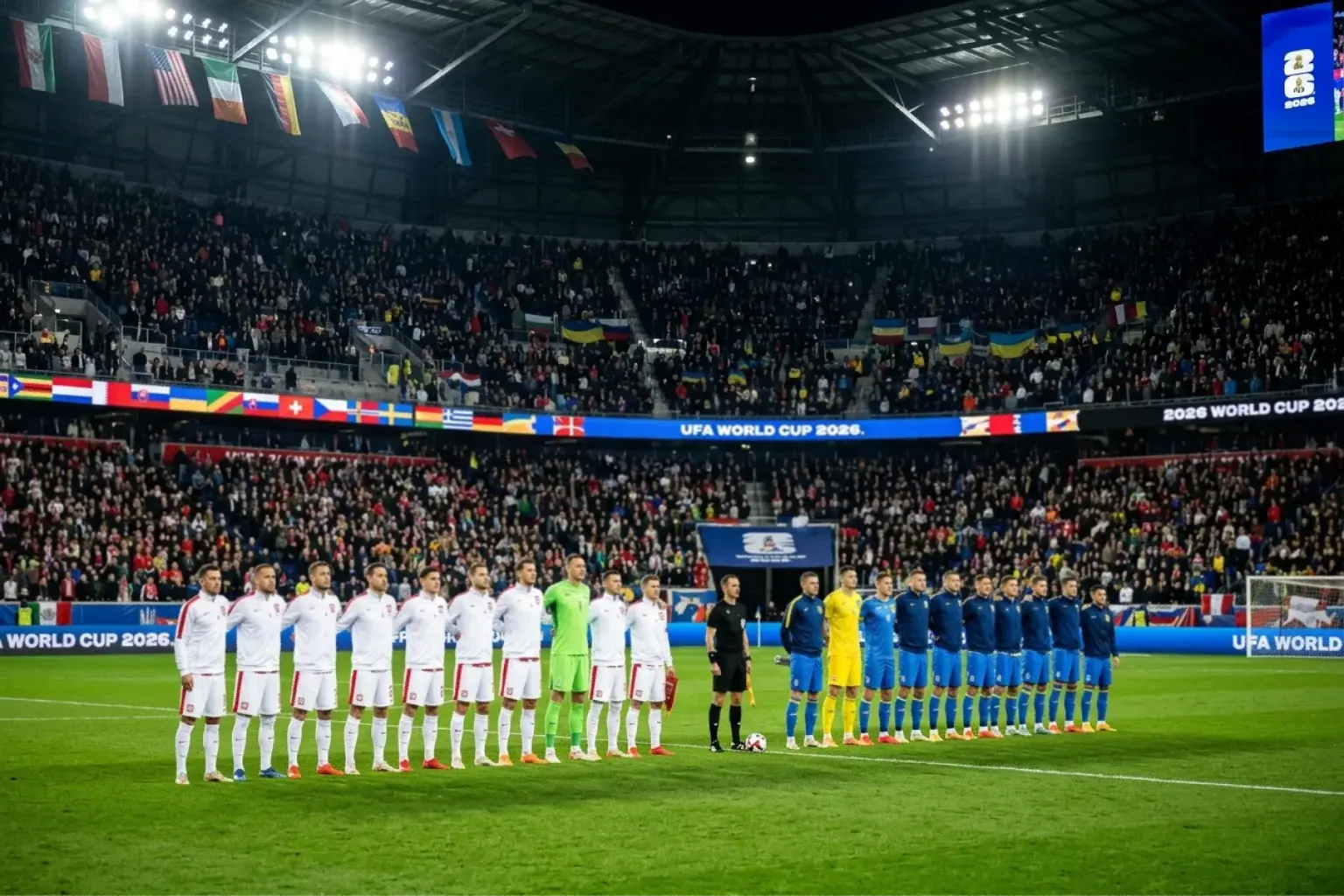 Futballisták két csapata felsorakozva a pályán egy világbajnoki csoportmérkőzés előtt