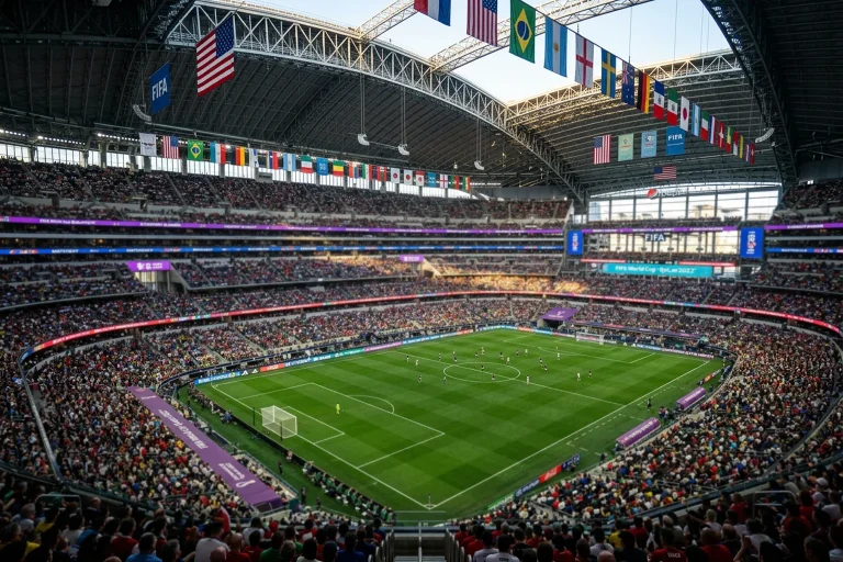 Focipálya a világbajnokságon, zöld gyep és stadionvilágítás