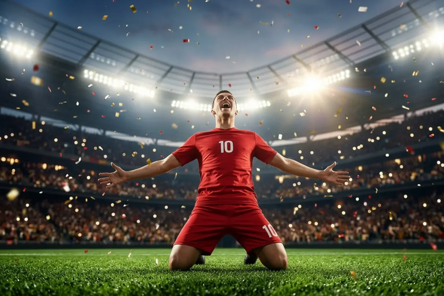 Labdarúgó ünnepli az első gólt egy VB mérkőzésen, stadion háttérrel