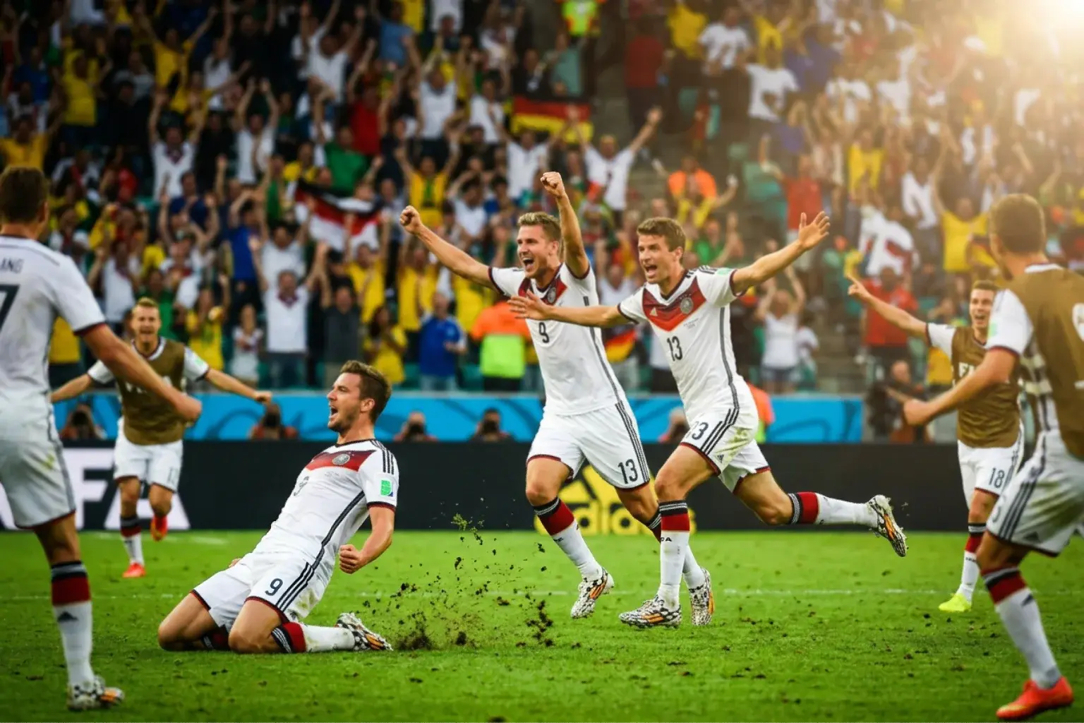 Labdarúgók ünnepelnek egy gólt a világbajnokság zöld pályáján