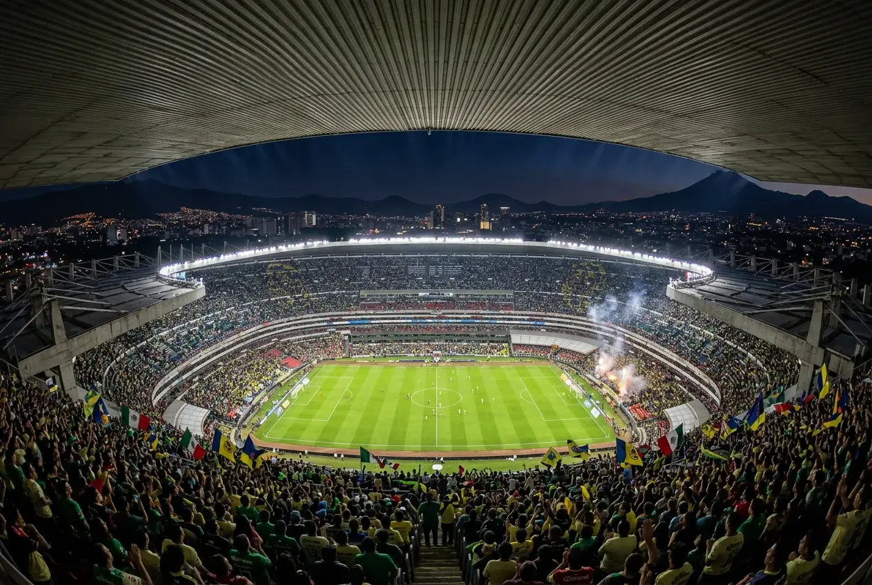 Estadio Azteca stadion Mexikóvárosban focipályával és szurkolókkal