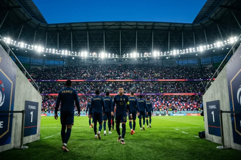 Francia focicsapat kék mezben a zöld futballpályán a VB 2026 stadionjában