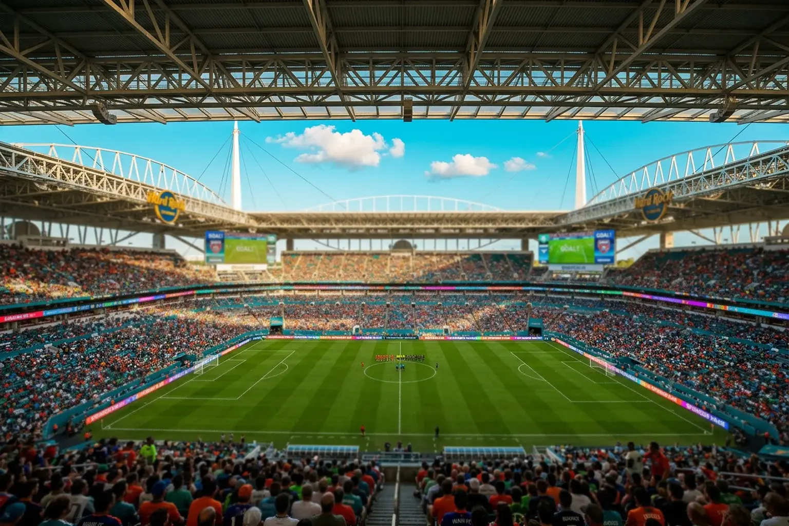 Hard Rock Stadium Miamiban focipályával és napfényes stadionnal