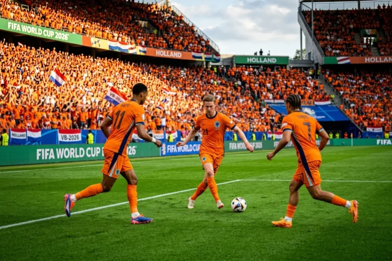 Holland focicsapat narancssárga mezben a zöld futballpályán a VB 2026 stadionjában
