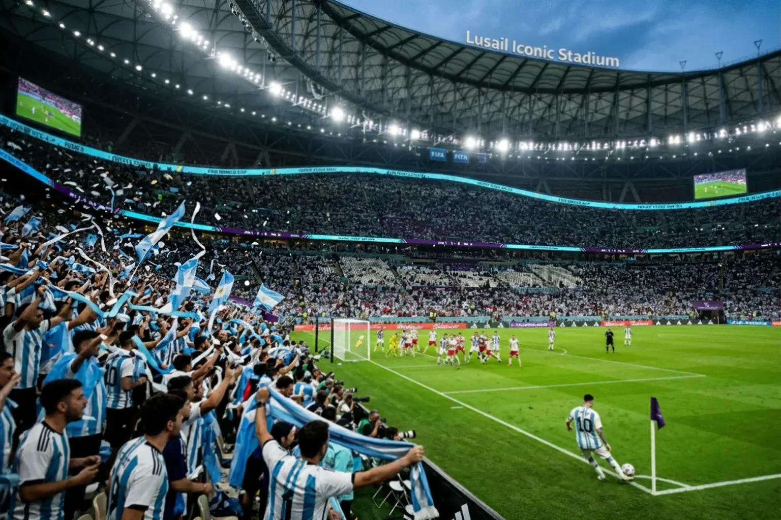 Focisták a világbajnokság csoportmérkőzésén stadionban, zöld gyepen