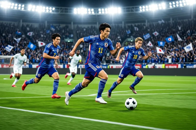 Japán focicsapat kék mezben a zöld futballpályán a VB 2026 stadionjában