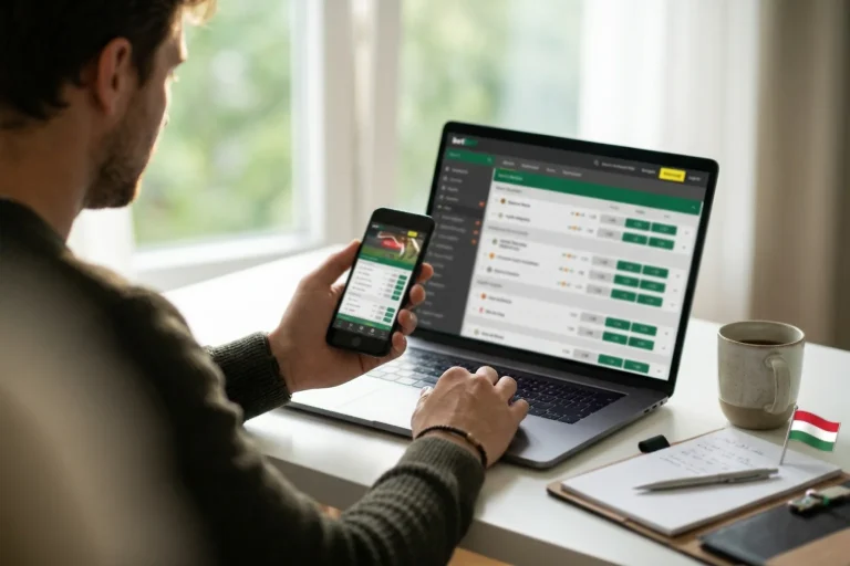 Online sportfogadási felület mobiltelefonon, magyar forint bankjegyekkel a háttérben
