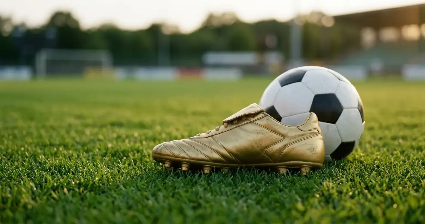 Egy futballista cipője és a labda a pálya közepén pillanatkép