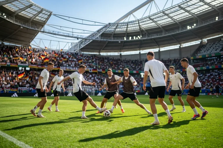 Német focicsapat fehér mezben a zöld futballpályán a VB 2026 stadionjában
