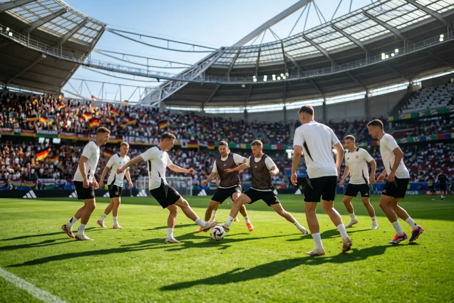 Német focicsapat fehér mezben a zöld futballpályán a VB 2026 stadionjában