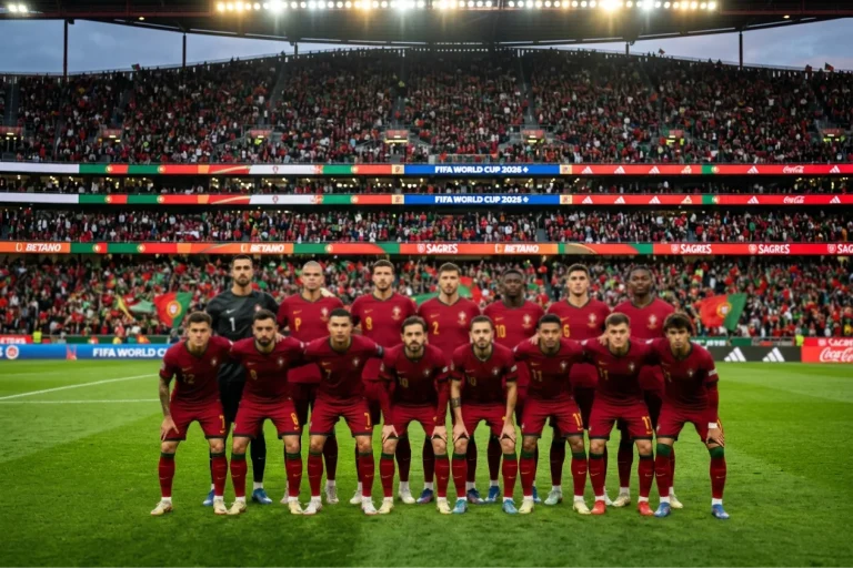 Portugál focicsapat piros-zöld mezben a zöld futballpályán a VB 2026 stadionjában