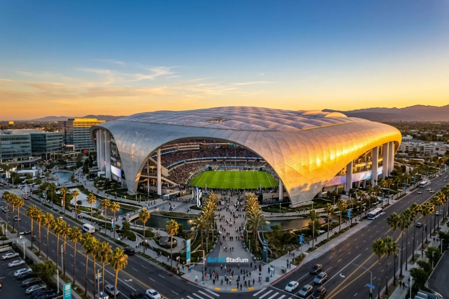 SoFi Stadium Los Angelesben modern stadion focipályával