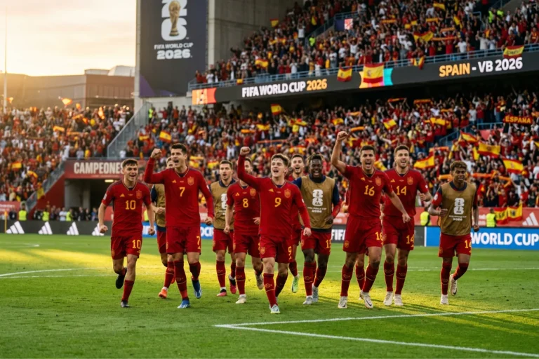 Spanyol focicsapat piros mezben a zöld futballpályán a VB 2026 stadionjában