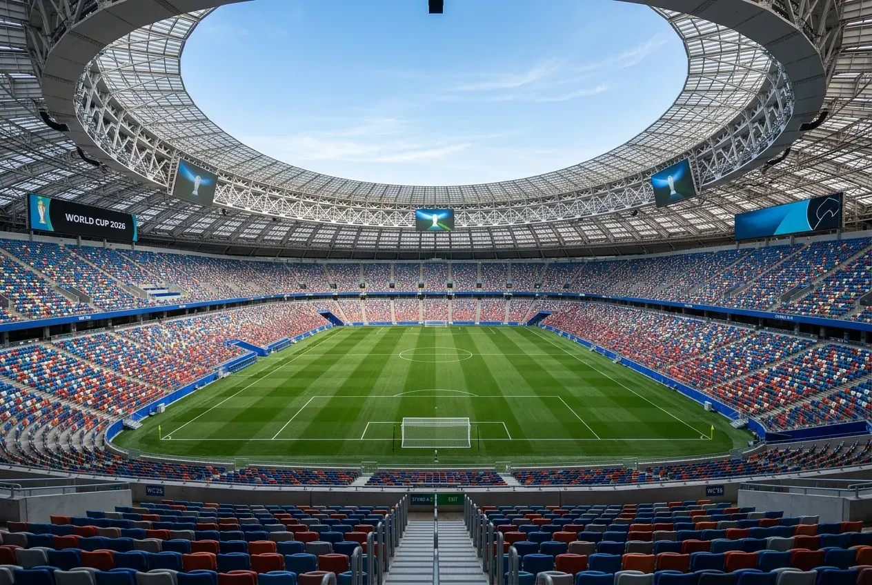 Modern futballstadion belülről zöld gyeppel és üres lelátókkal a világbajnokság előtt