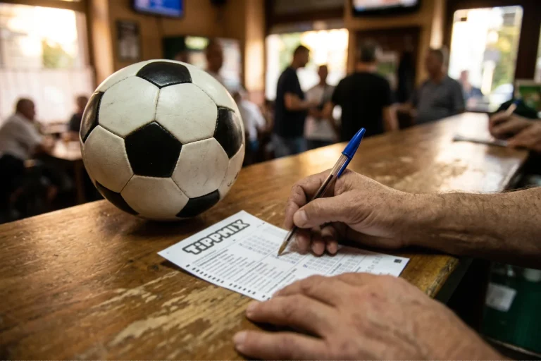 Tippmix szelvény kitöltése a 2026-os labdarúgó VB meccsekre, focilabda és toll a háttérben
