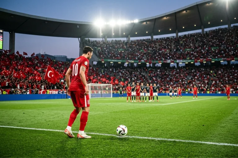 Török focicsapat piros-fehér mezben a zöld futballpályán a VB 2026 stadionjában