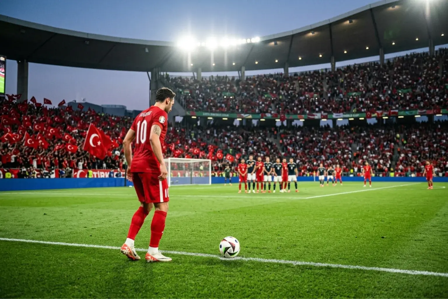 Török focicsapat piros-fehér mezben a zöld futballpályán a VB 2026 stadionjában