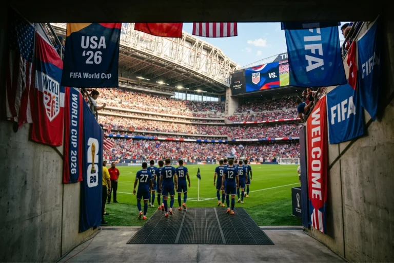 Amerikai focicsapat mezben a zöld futballpályán egy telt házas VB 2026 stadionban