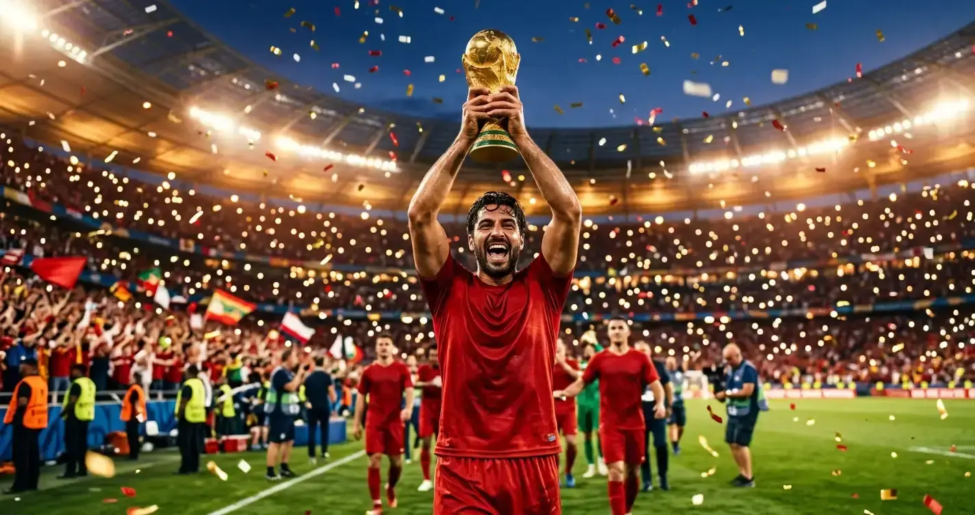 Spanyol játékos piros mezben a világbajnoki trófeát emeli a magasba a stadion fényei alatt