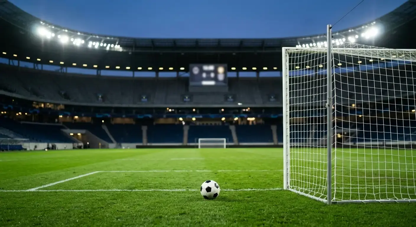 Stadionkorong fényei a vb-meccs előtt, kapurács előtt landoló labda